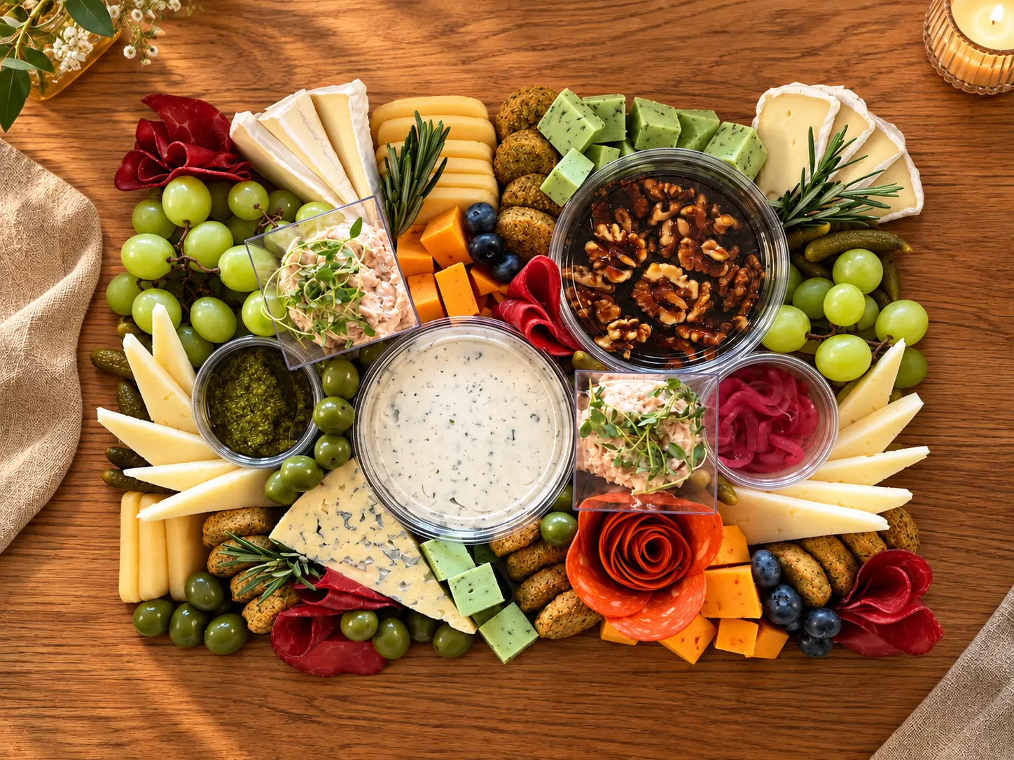 Tapasfad set oppefra med oste, charcuteri, druer og dips